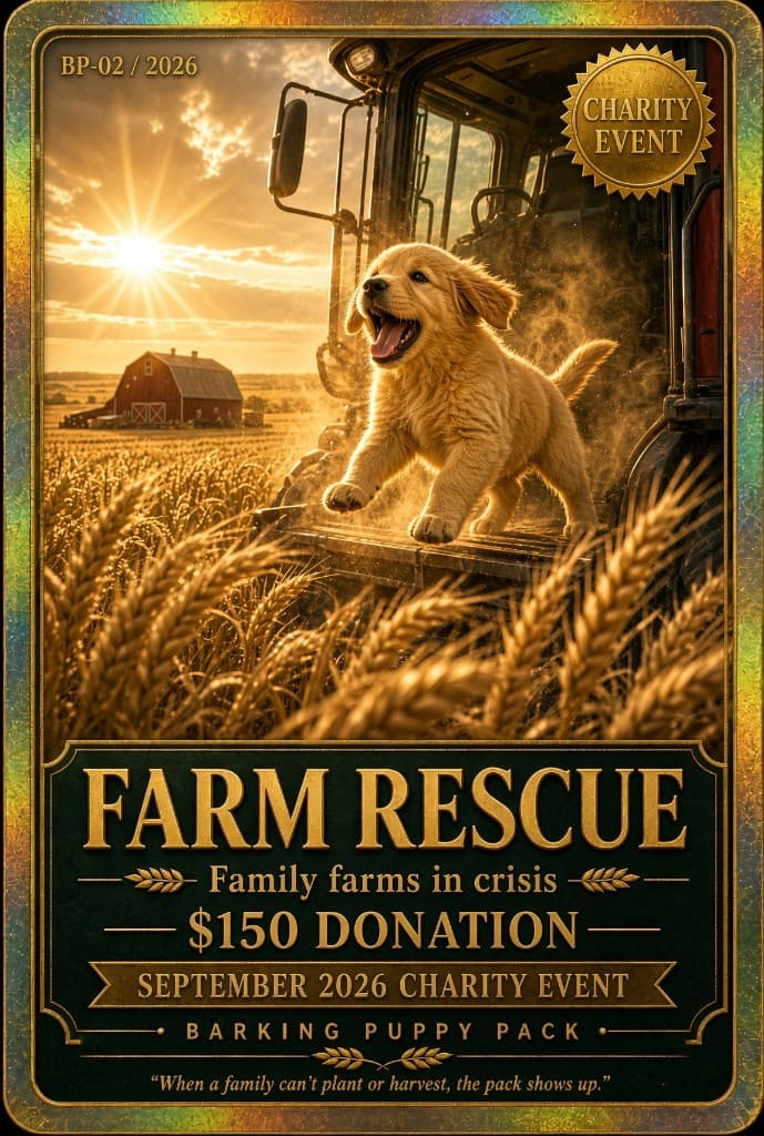 Farm Rescue collector card. BP-02 / 2026. $150 donation. Barking Puppy Pack.