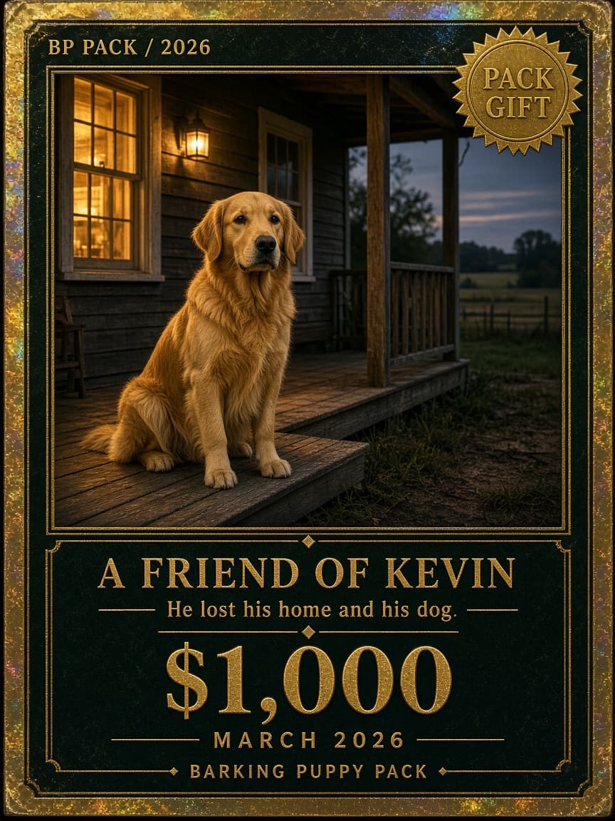 Collector card. A golden retriever on a porch. A friend of Kevin. $1,000. Barking Puppy Pack.