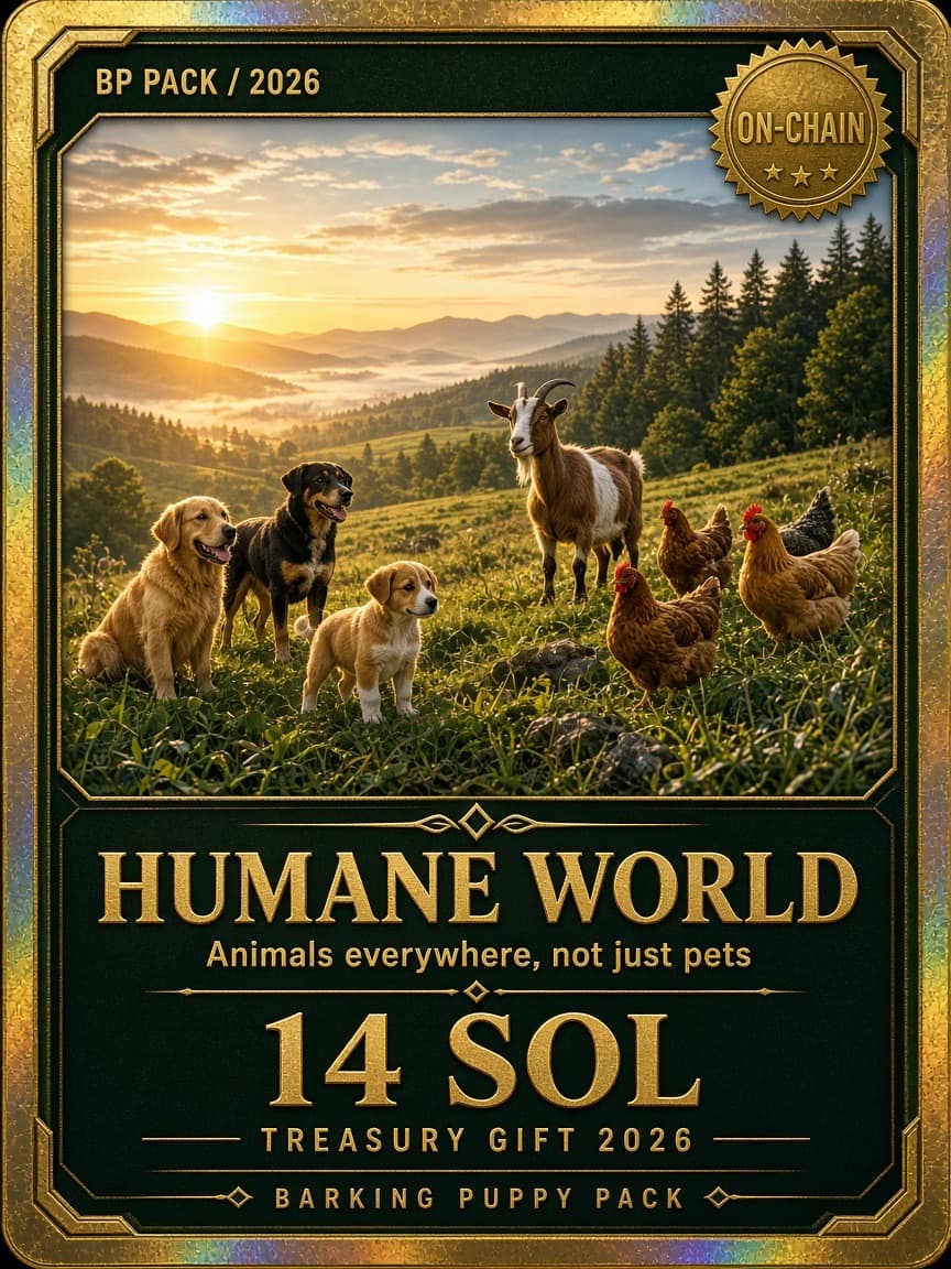 Collector card. Farm animals and dogs on a green hillside. Humane World. 14 SOL. Barking Puppy Pack.